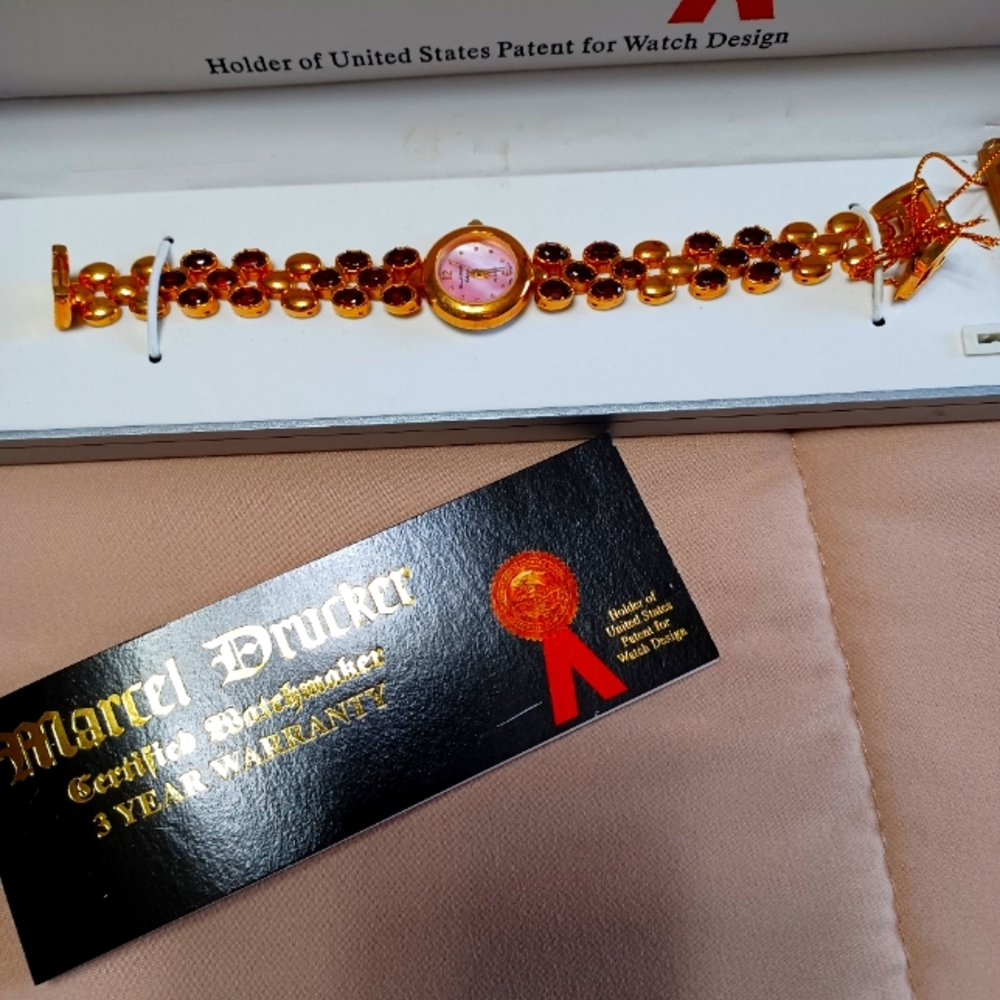 Gold and Pink Bracelet with Watch Real Gemstones Garnets .Rare